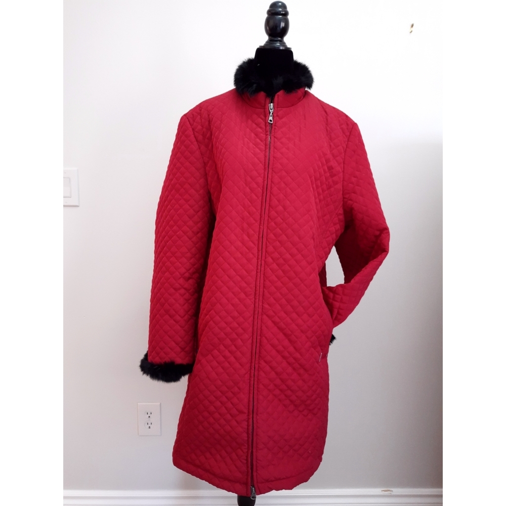 London Fog | Red Faux Fur Quilted Long Line Coat